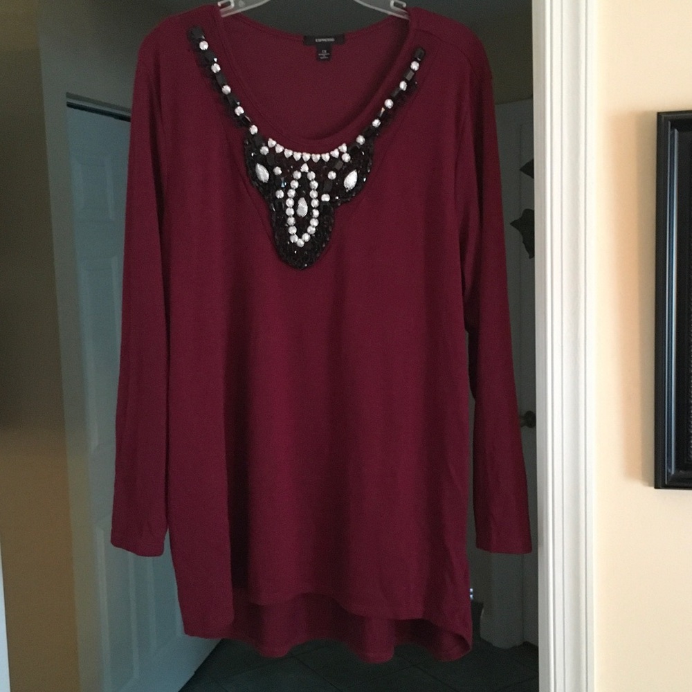 Chic Burgundy Embellished Women's sweater Blouse